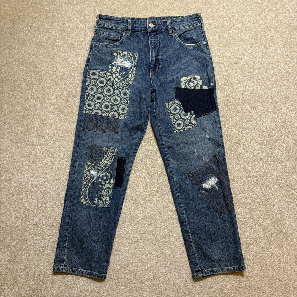 Pilcro The Borrowed Jeans Womens 28 Blue High Rise Boyfriend Patchwork Paisley